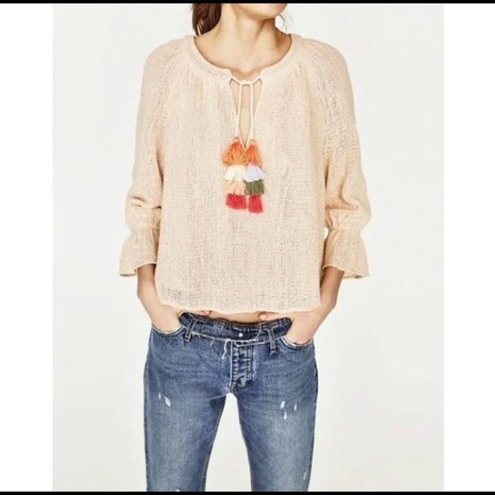 Zara Trafaluc Collection Cream Net Tassel Blouse XL